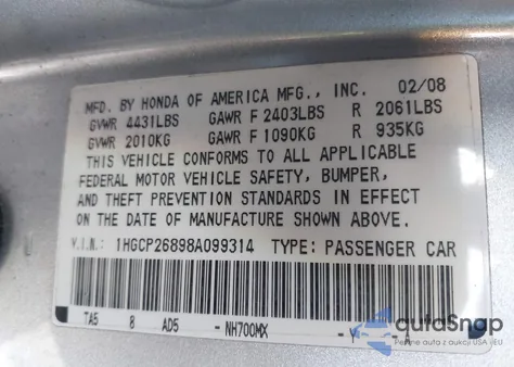 2008 Honda Accord 2.4 Ex-L из США, поврежденный, VIN 1HGCP26898A099314